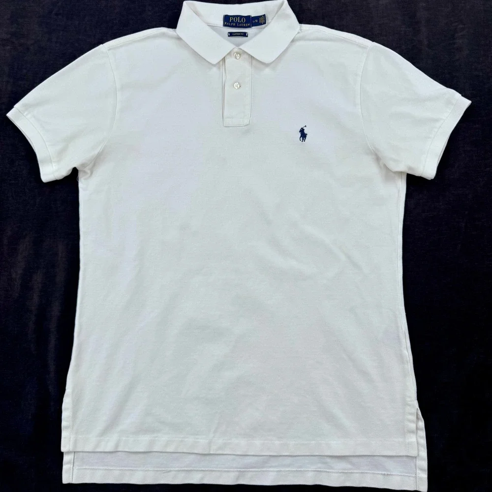 Polo Ralph Lauren Navy Pony Men L Crisp White Custom Fit Cotton Pique Polo Shirt